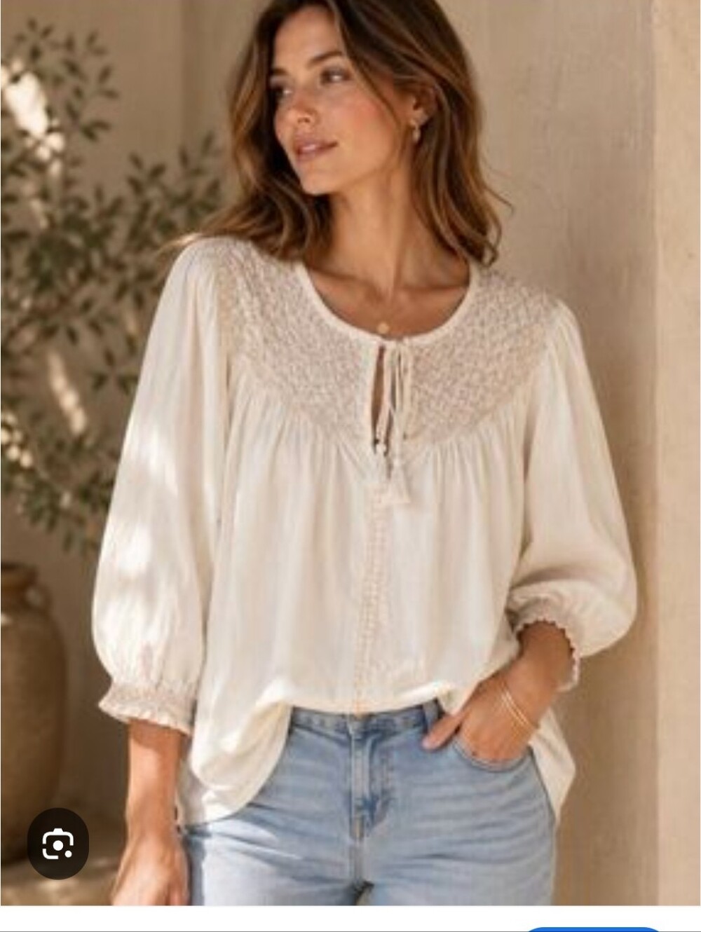 Evereve Top Blouse NWOT Smocked 3/4 Sleeve Boho Cream XS